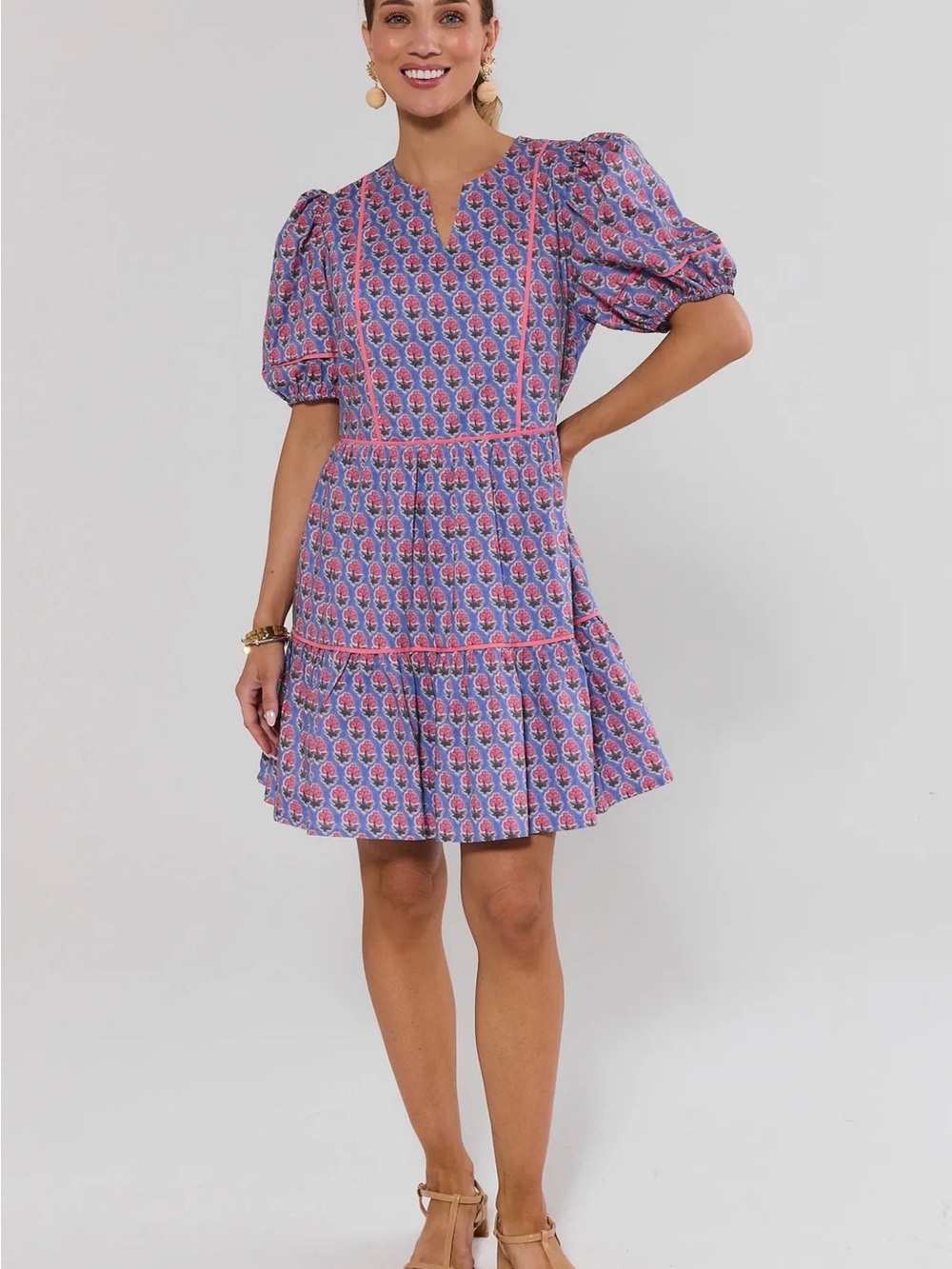 Blue Floral Print Puff-Sleeve Tiered Short Dress